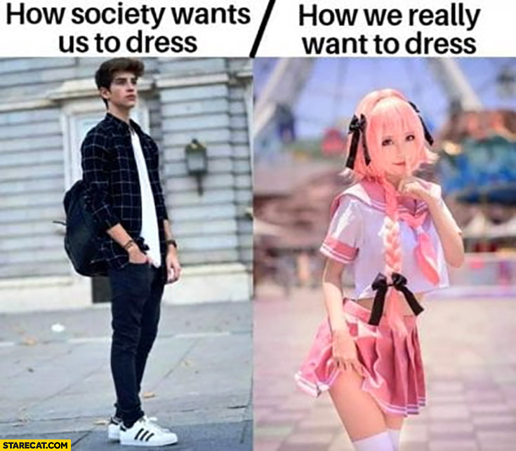 Men how society wants us to dress vs how we really want to dress girl in pink skirt