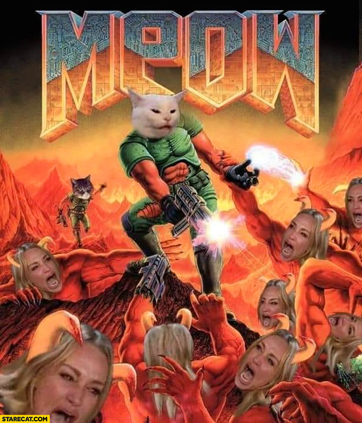 Meow Doom poster photoshopped girl yelling at a cat meme