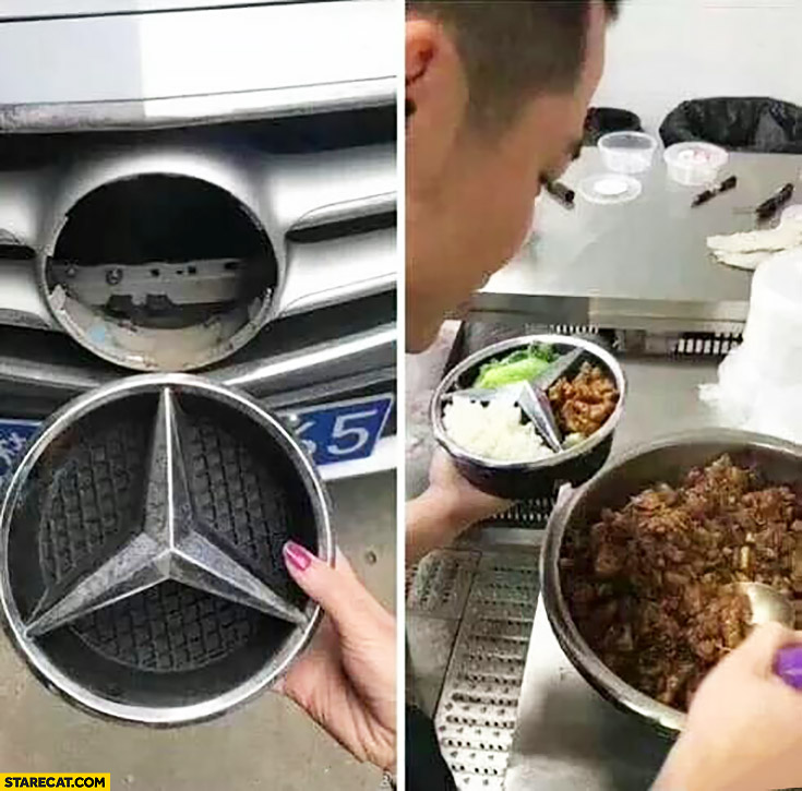 Mercedes-Benz grille logo used as a food bowl tray