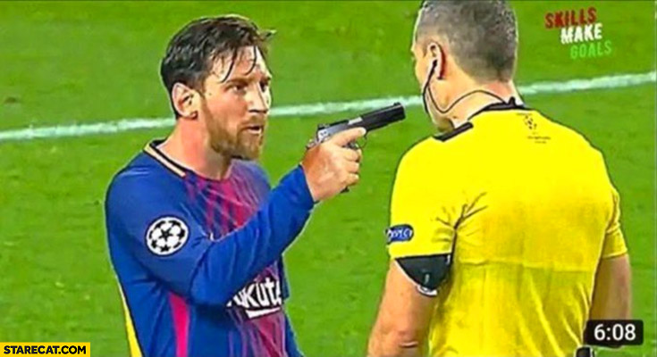Messi poining a gun at a referee photoshopped