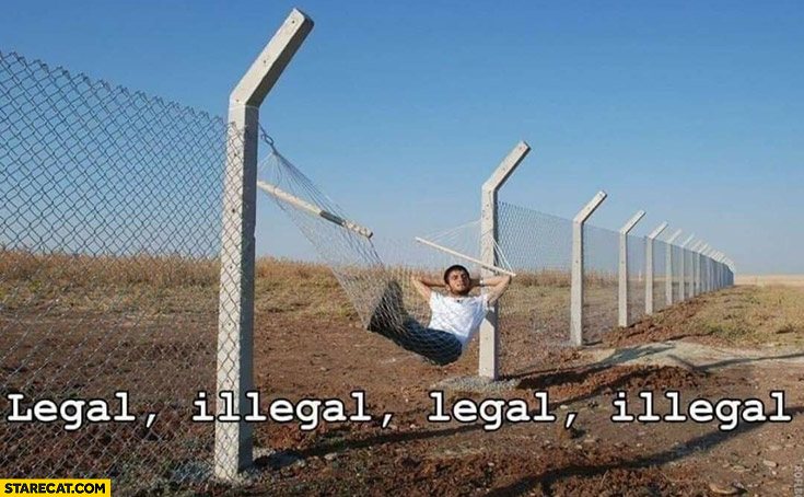 Migrant fence border legal illegal swinging in a hammock