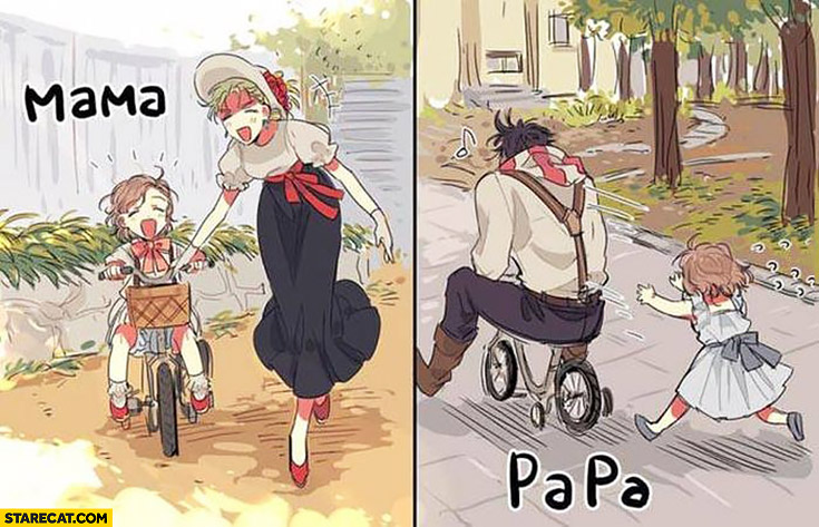 Mom & dad playing with kids with bicycle comparison