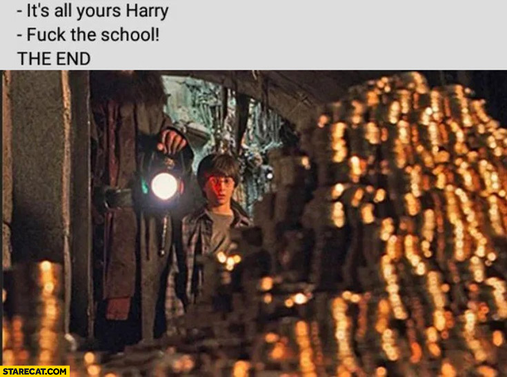 Money gold it’s all yours Harry Potter, screw the school, the end