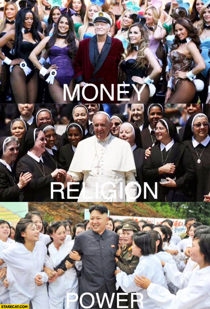 Money, religion, power Hugh Hefner, Pope Francis, Kim Jong Un with women