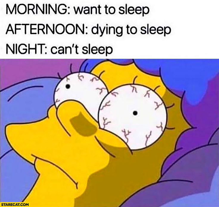 Morning: want to sleep, afternoon: dying to sleep, night: can’t sleep
