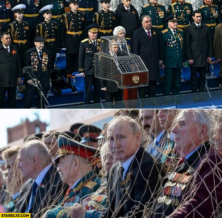 Moscow victory day parade anti-drone nets cage Putin