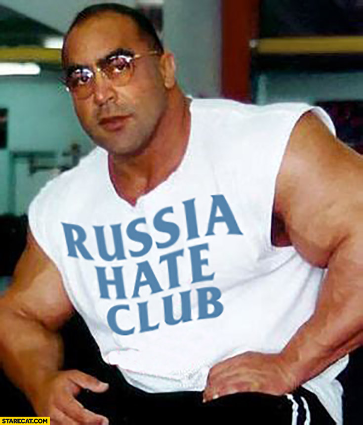 Muscular man man wearing Russia hate club shirt