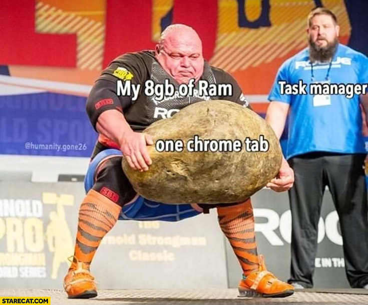 My 8GB of RAM vs one Chrome tab trying to lift a giant rock task manager watching