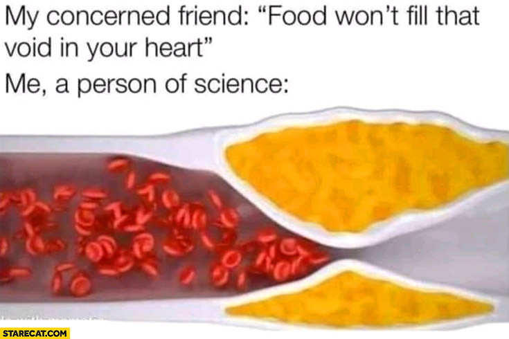 My concerned friend: food won’t fill that void in your heart vs me a person of science clogged veins arteries