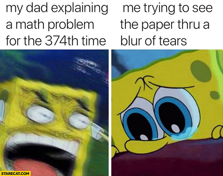 My dad explaining a math problem for the 374th time, me trying to see the  paper thru a blur of tears | StareCat.com