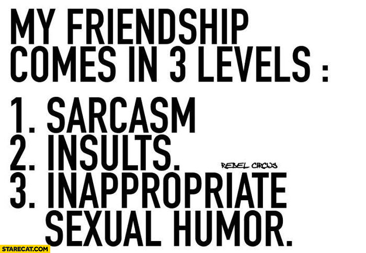 My friendship comes in 3 levels sarcasm insults inappropriate sexual humor