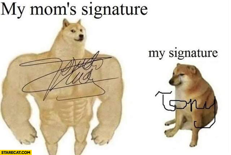 My mom’s signature vs my signature comparison doge meme