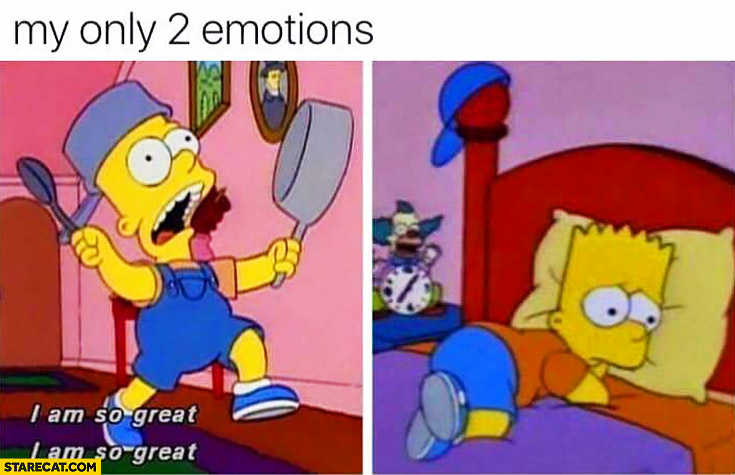 My only 2 emotions: I am so great, sad. The Simpsons Bart Simpson