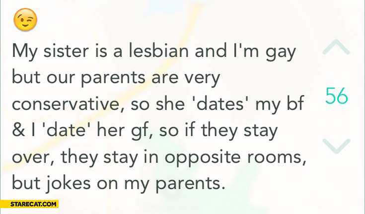 My sister is a lesbian and I’m gay but our parents are conservative she dates my bf I date her gf