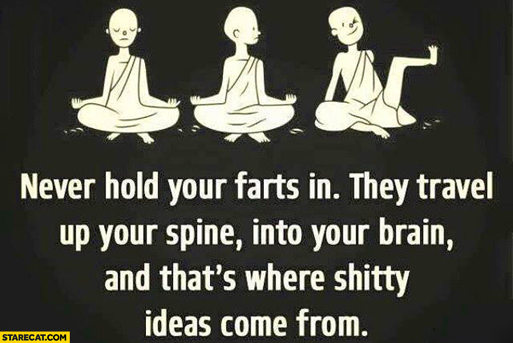 Never hold your farts in they travel up your spine into your brain and that’s where shitty ideas come from