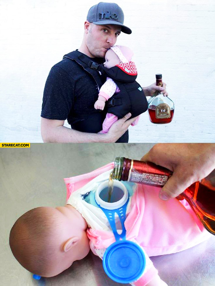 Never look like an alcoholic again baby doll toy filled with alcohol