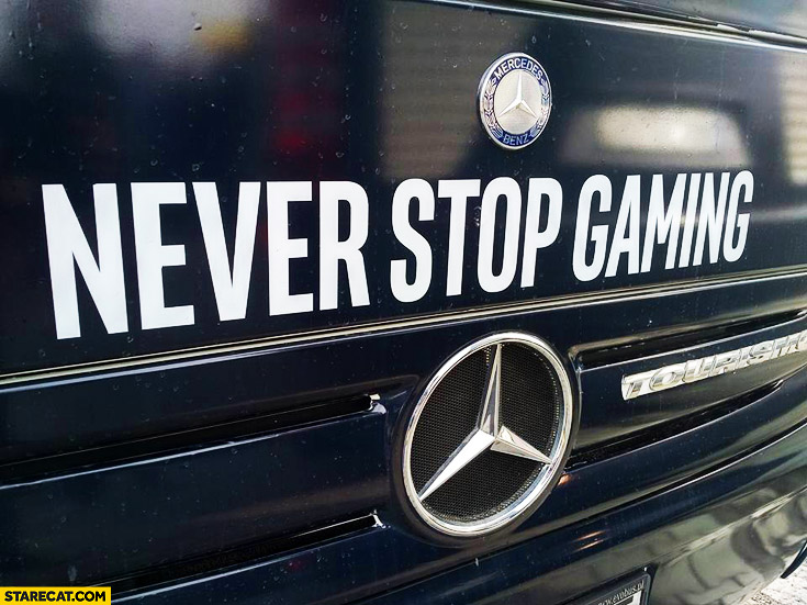 Never stop gaming sticker on Mercedes truck