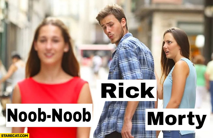 Noob-noob, Rick, Morty. Boyfriend red dress jelaous girlfriend meme