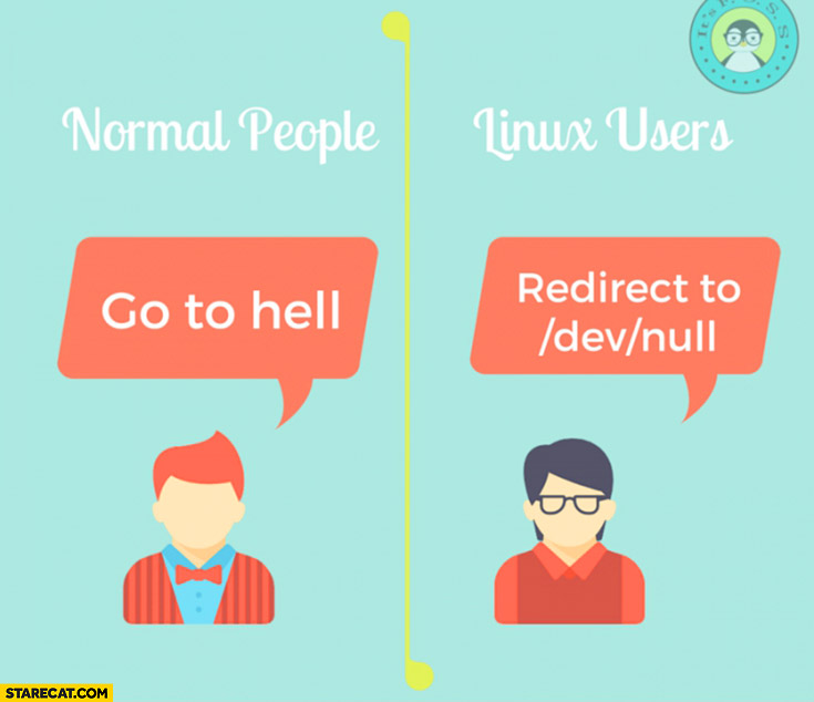 Normal people “go to hell”, Linux users “redirect to /dev/null”