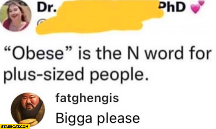 Obese is the N word for plus sized people bigga please