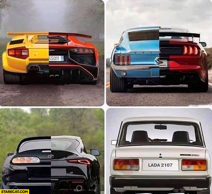Old vs new cars Lamborghini Mustang Supra Lada comparison
