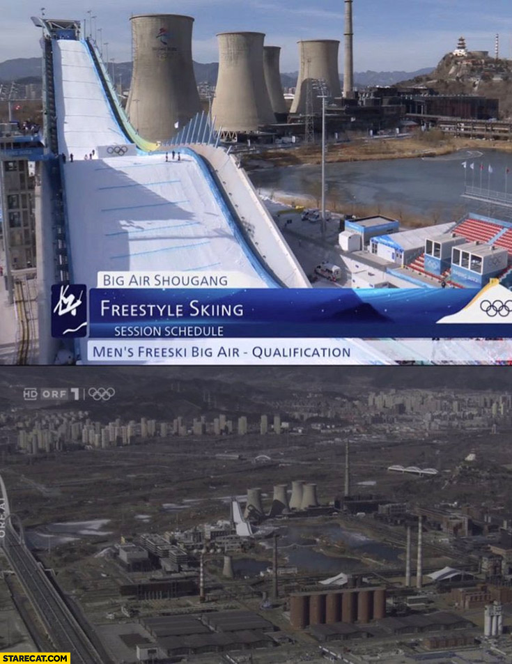 Olympics freestyle skiing slope next to power plant olympic games in China