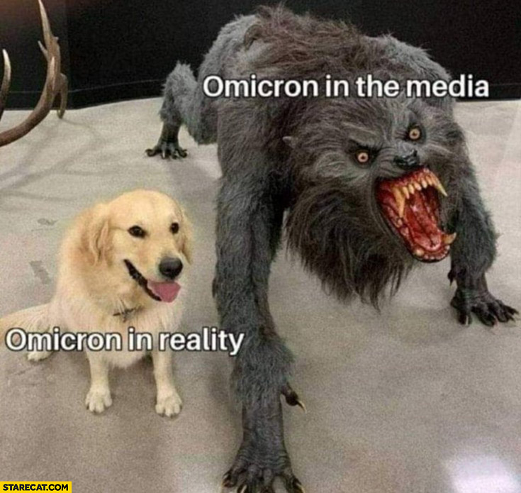 Omicron in the media angry monster vs Omicron in reality cute dog