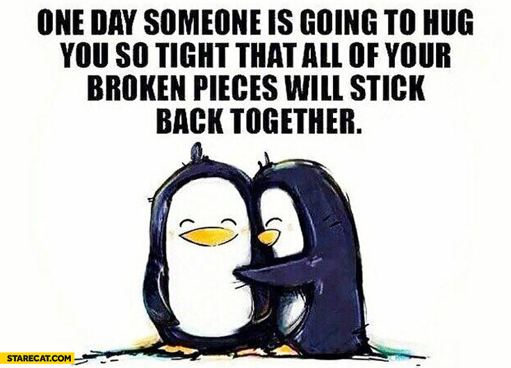 One day someone is going to hug you so tight that all of your broken pieces will stick back together