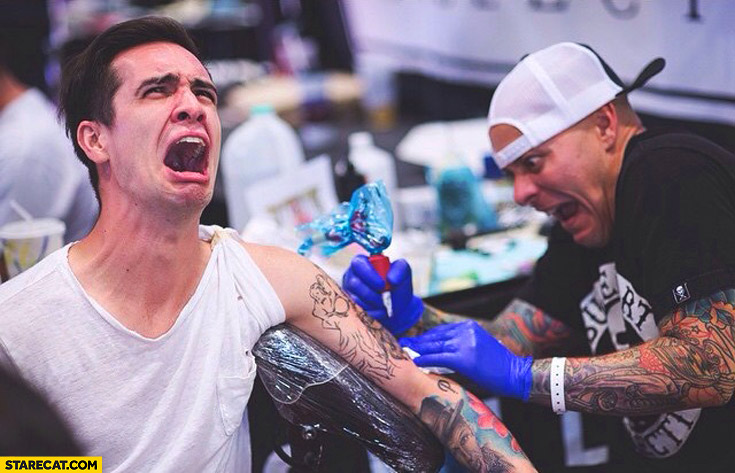 Painful tattoo man screaming silly