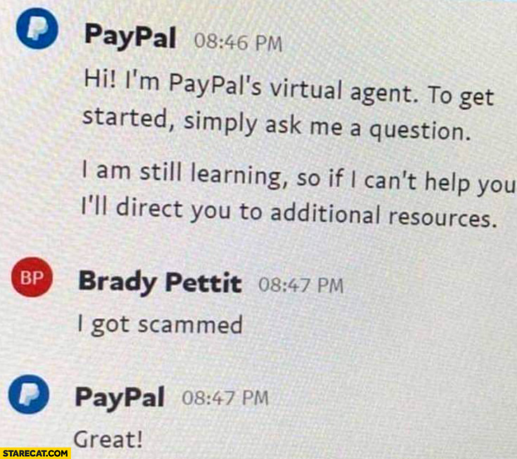 Paypal chat with virtual agent I got scammed great