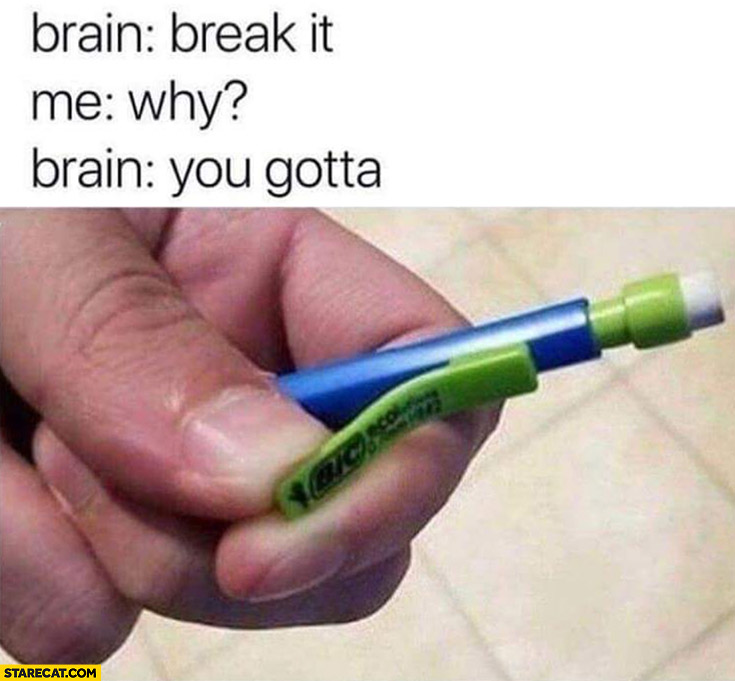 Pen, brain: break it, me: why? brain: you gotta