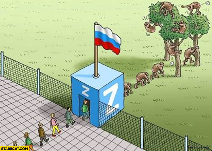 People go through russian symbol z gate become monkeys illustration