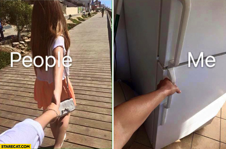People holding hands, me holding fridge door