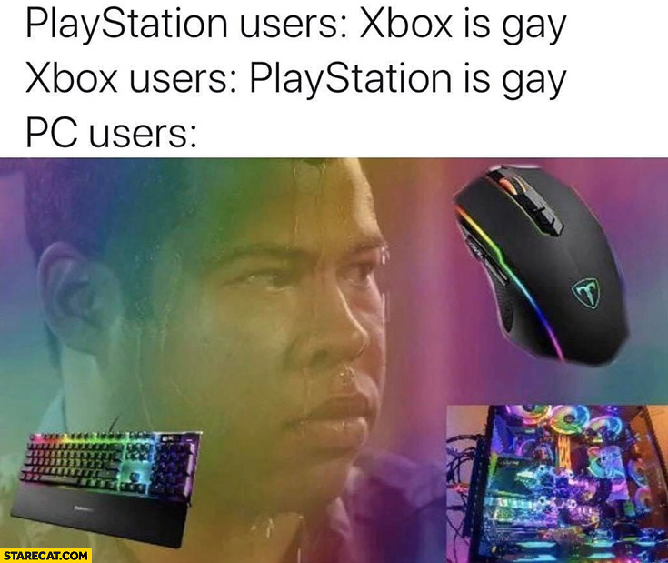 Playstation users: xbox is gay, xbox users: playstation is gay, PC users using rainbow led lighting