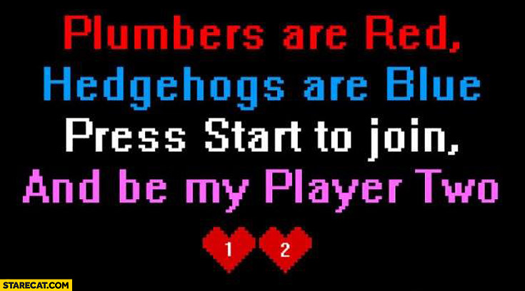 Plumbers are red hedgehogs are blue press start to join be my player two