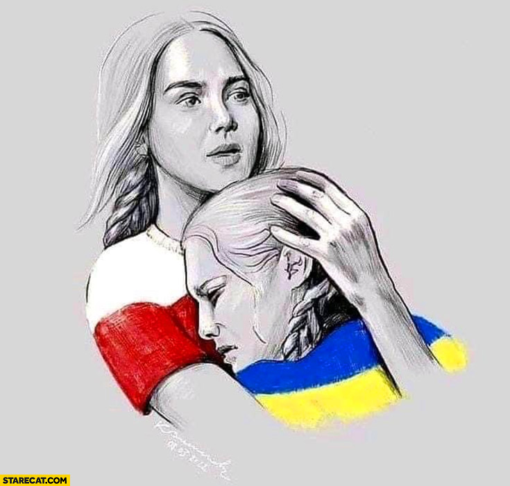 Poland Ukraine woman drawing illustration hug hugging war immigration