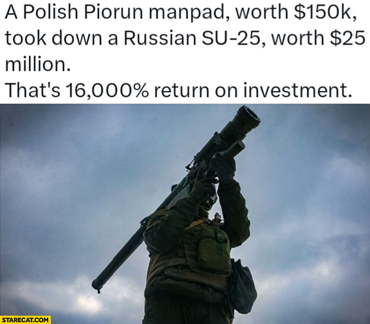 Polish piorun manpad worth 150k took down russian SU-25 worth 25 million, that’s 1600% percent return on investment