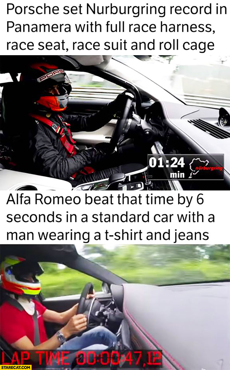 Porsche Panamera set Nurburgring record full harness race seat suit roll cage Alfa Romeo beat that man wearing t-shirt and jeans