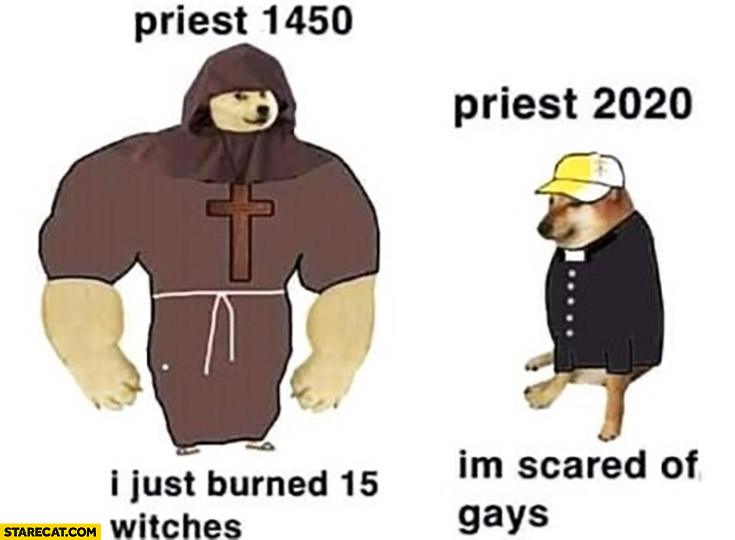 Priests 1450: I just burned 15 witches vs priest 2020 I’m scared of gays