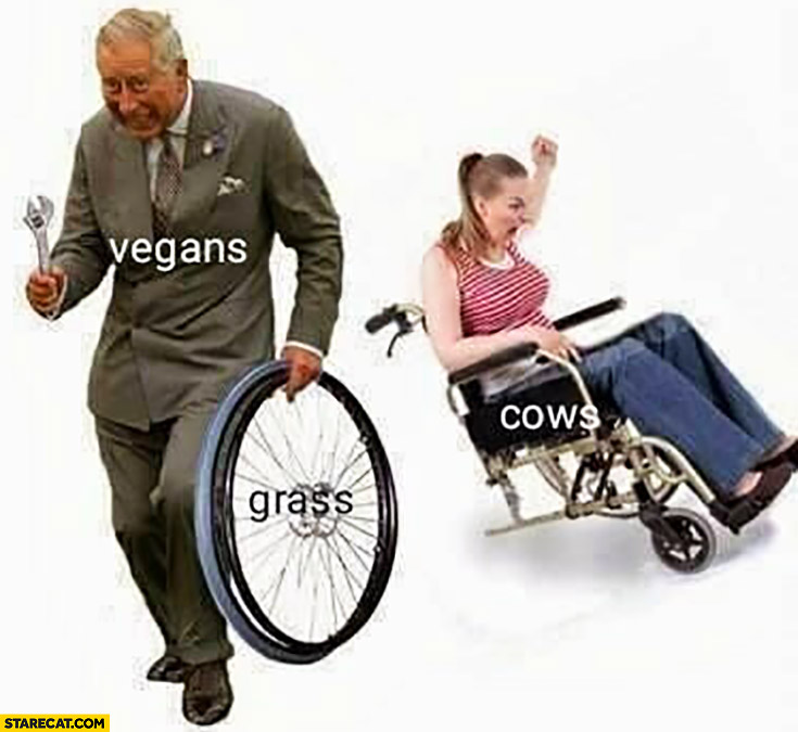 Prince Charles vegans stealing grass from cows wheelchair