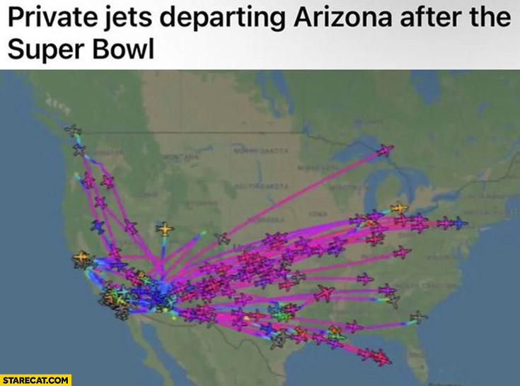 Private jets departing Arizona after the super bowl map