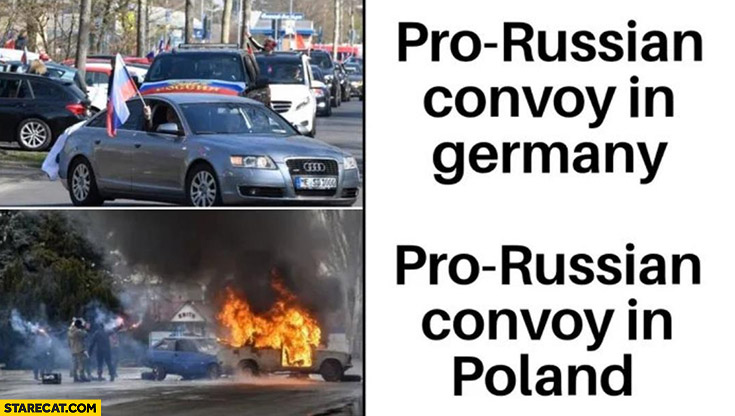 Pro-Russian convoy in Germany vs in Poland burning burnt destroyed