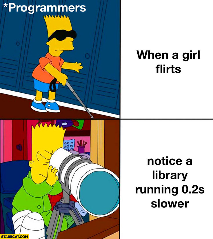 Programmers blind when a girl flirts vs when they notice a library running 0.2 seconds slower Bart Simpson