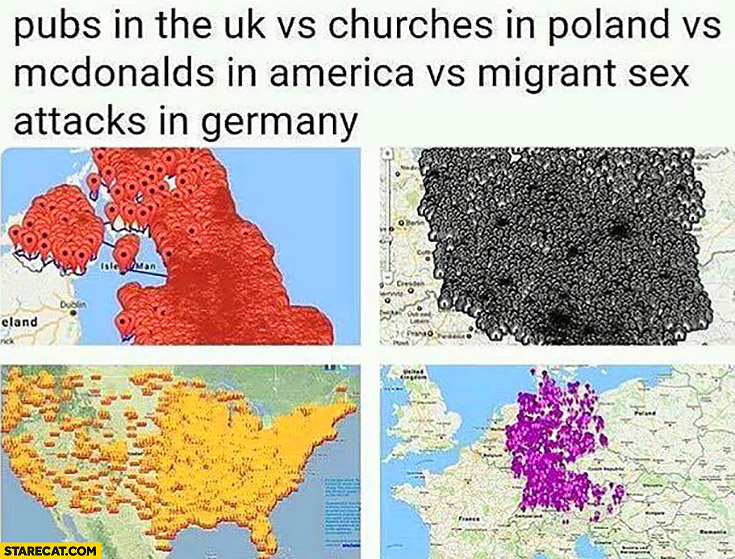 Pubs in the UK vs churches in Poland vs McDonalds in America vs migrant sex attacks in Germany. Google Maps pins comparison