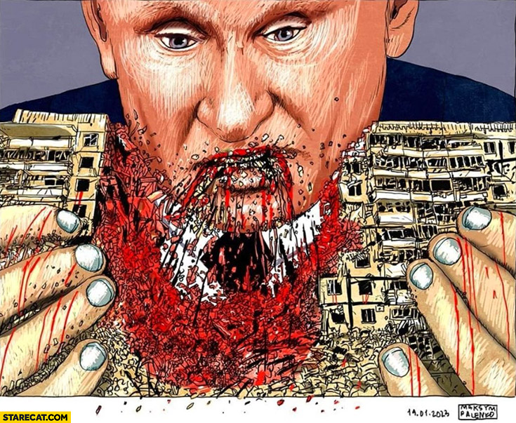 Putin eating Ukrainian building illustration drawing