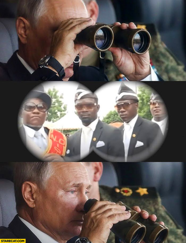 Putin looking through binoculars funeral black men