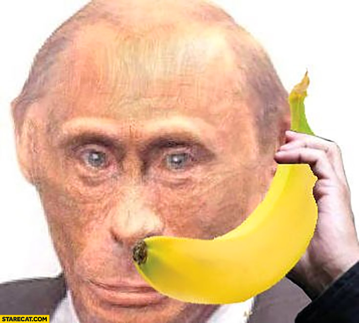 Putin monkey primitive man calling with a banana