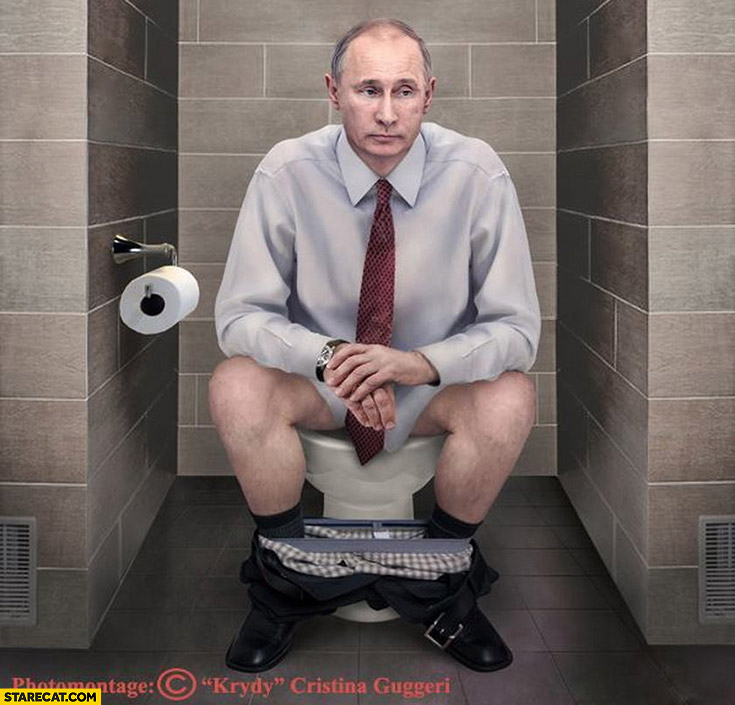 Putin pooping sitting on toilet taking dump photoshopped photomontage