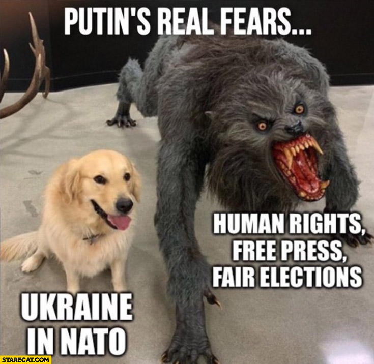 Putin real fears Ukraine in NATO vs human rights free press fair elections dog monster