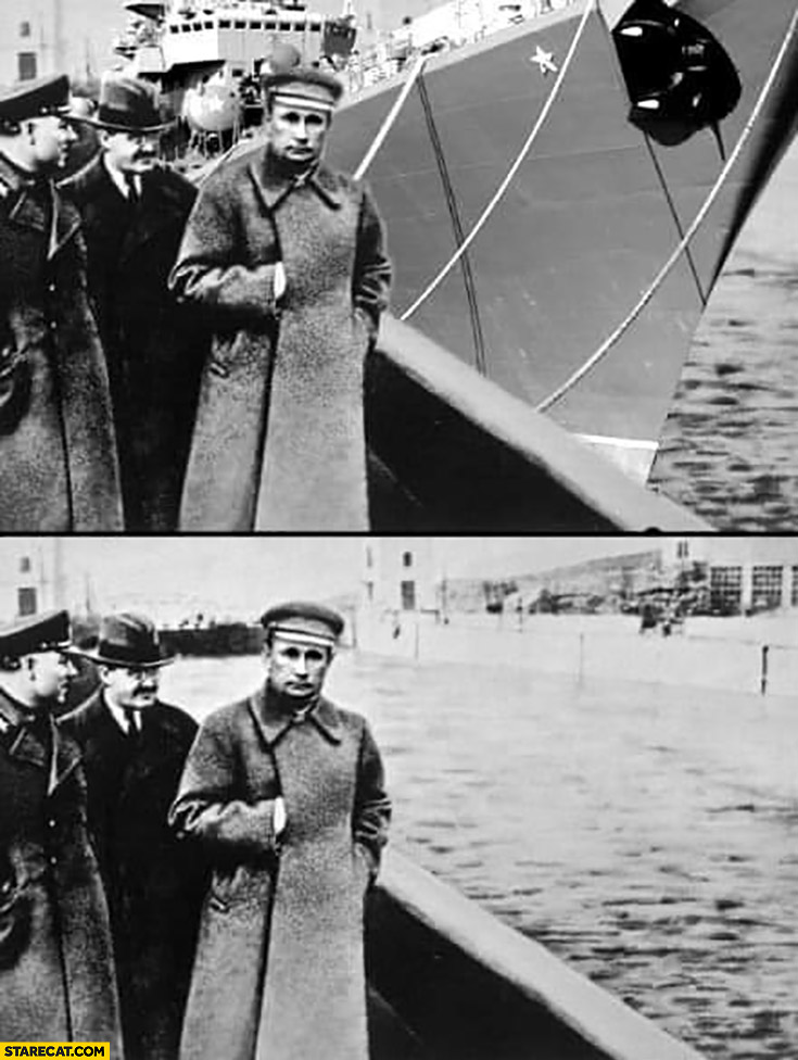 Putin russian cruiser Moskva sank removed prom the picture photoshopped like Stalin